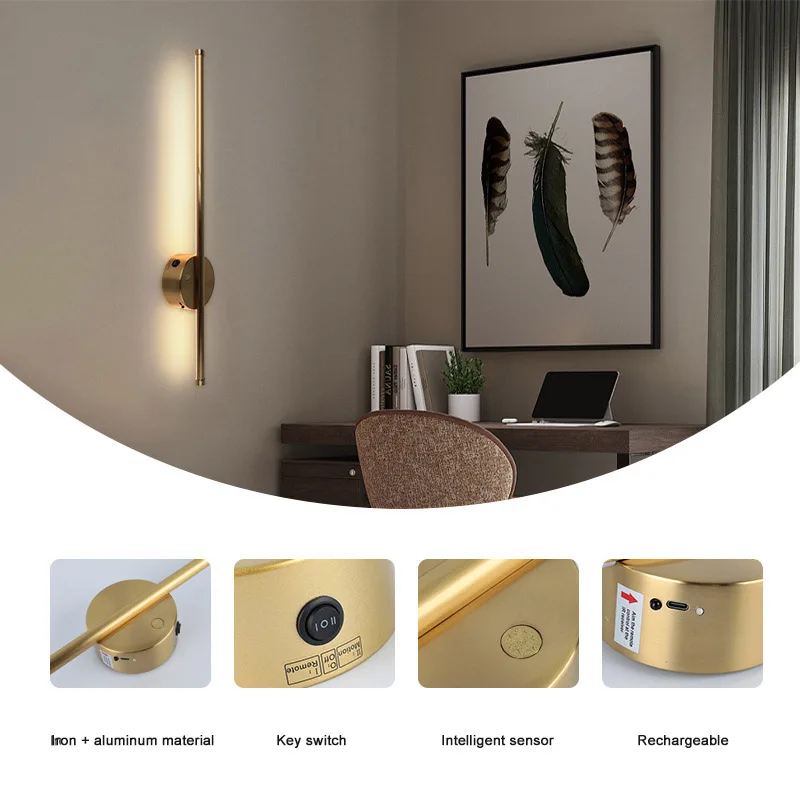 Human Body Detection Rechargeable LED Wall Lamp 60CM Removable For Bedroom Bedside Living Room Décor Fixtures Magnetism Chassis