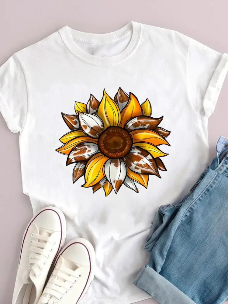 

O-neck Tee Top T Shirt Short Sleeve Fashion Summer Clothes Print Women Clothing Flower Sweet 90s Cute Graphic T-shirt