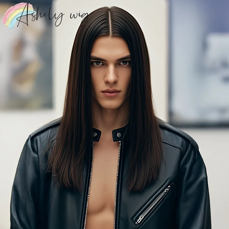 Men'S Black Long Straight Synthetic Wig Realistic Rock Style with Bangs for Cosplay Themed Parties Easy Snap Closure Party