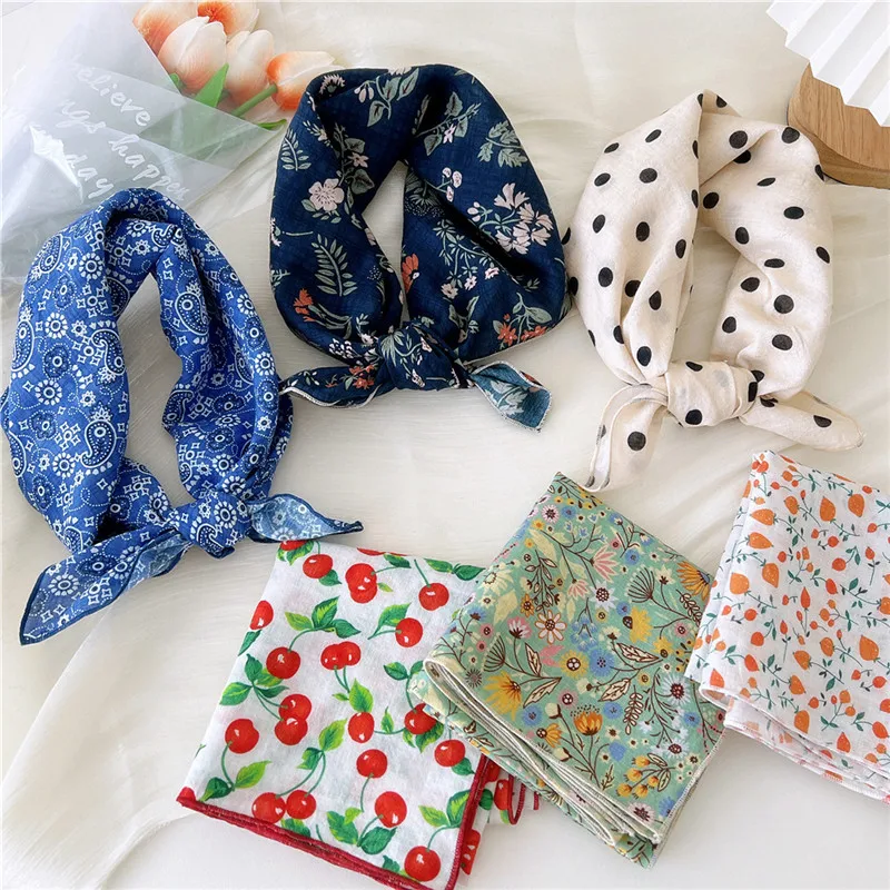 Floral Print Kerchief Square Scarves Bandanas Scarf for Women Neckerchief Cotton Linen Headband Headscarf Hair Band Turban 55cm 2