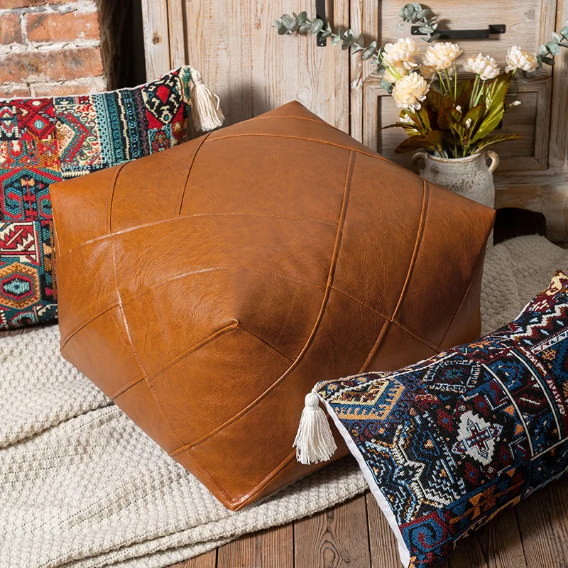 

Leather Beanbag Sofa Cover No Filler Pouf Ottoman Lazy Sofa Chair For Living Room Bedroom Moroccan Decor Square Footstool Covers