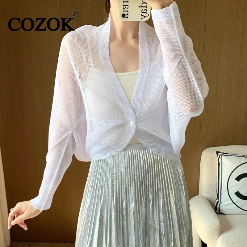 

Модный плиссированный прозрачный вязаный кардиган COZOK, женская верхняя одежда, шаль, топ, тонкая Солнцезащитная универсальная одежда WT821