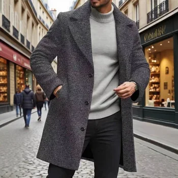 Elegant Pure Color Men's Spring Autumn Windbreaker Coat Slim Fit Tweed Jacket Classy Personality Polyester Fiber Fashionable ...