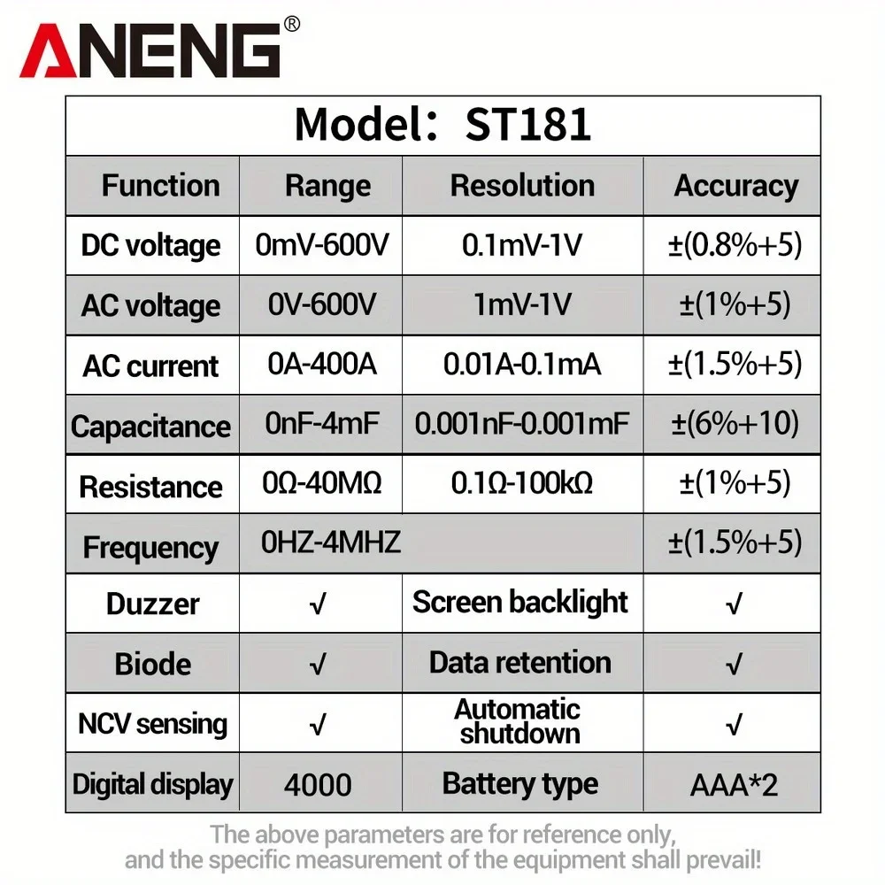 ANENG ST181 클램프 미터 디지털 멀티미터 DC/AC 전압 전류계 4000 카운트 전류 테스터 자동차 앰프 Hz 커패시턴스 NCV 옴 테스트