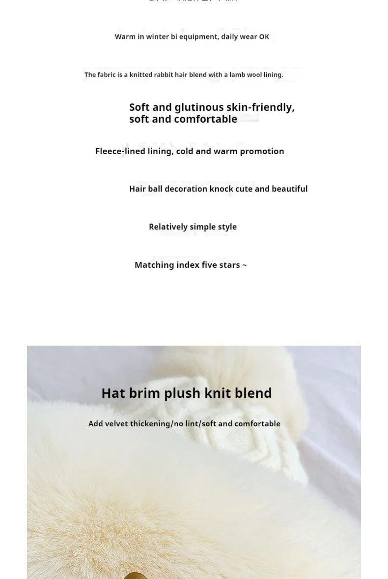 Neue weiße Schneekaninchenfell-Grasmütze für Damen, modisch und hochwertig, mit Plüschballmütze, Garn, koreanischem Gehörschutz, warmer Strickmütze_voghion.com