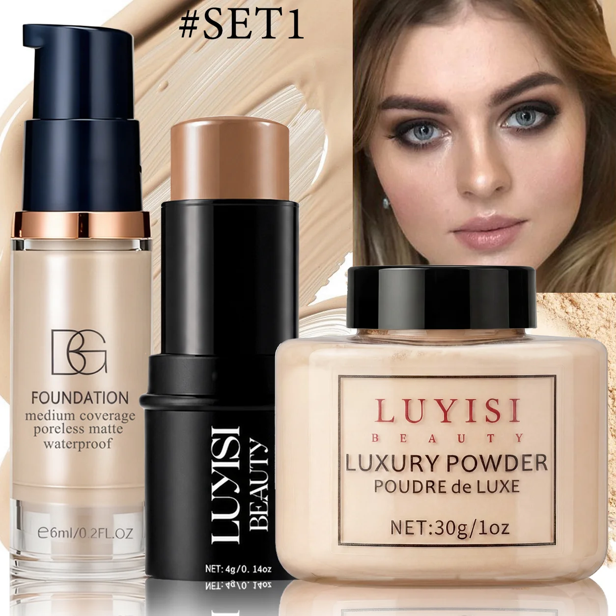 Set di trucco per il viso: 1 fondotinta + 1 stick per il contouring + 1 polvere fissante, copertura completa, impermeabile e resistente al sudore, cosmetici delicati. - immagine 2