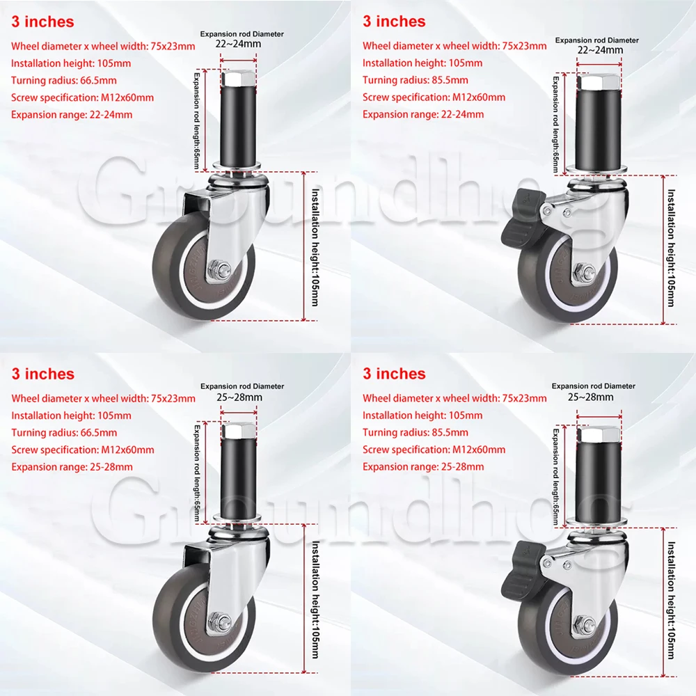 4Pcs Expanding Stem Casters,TPE Rubber Wheel built-in Ball Bearing for Round tube 22-28mm Commercial Kitchen Prep Tables