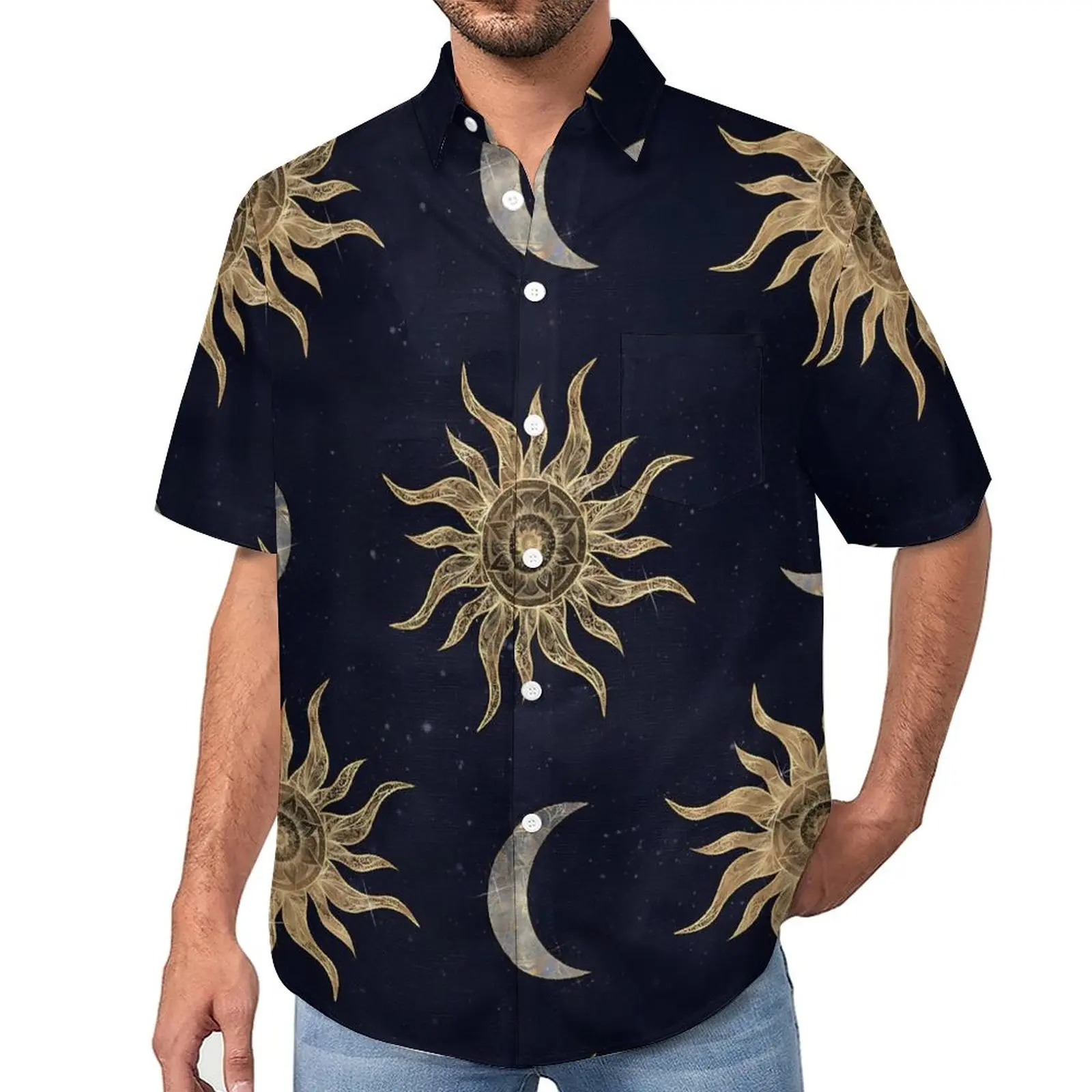 Sun Moon Stars Hawaii Shirt For Men Unique Cute Floral 3D Print Vacation Casual Streetwear Short Sleeved Clothes Plus Size Spain