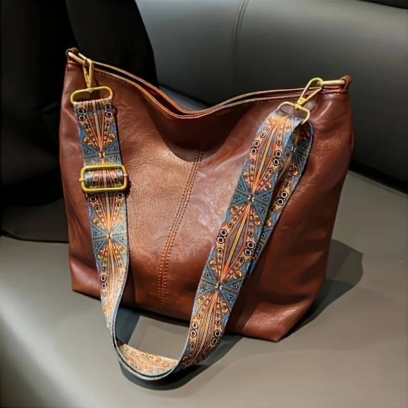 Bohemian Style Women's Shoulder Bag, Vintage Wide Strap, Casual Crossbody Bag for Commuting, Golden Embroidery, Adjustable Strap