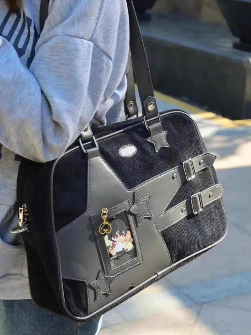 JIAERDI Japanese Corduroy Black Handbag Women College Style Transparent Ita Bag Handbag Ladies Large Capacity Pain Bag Aesthetic