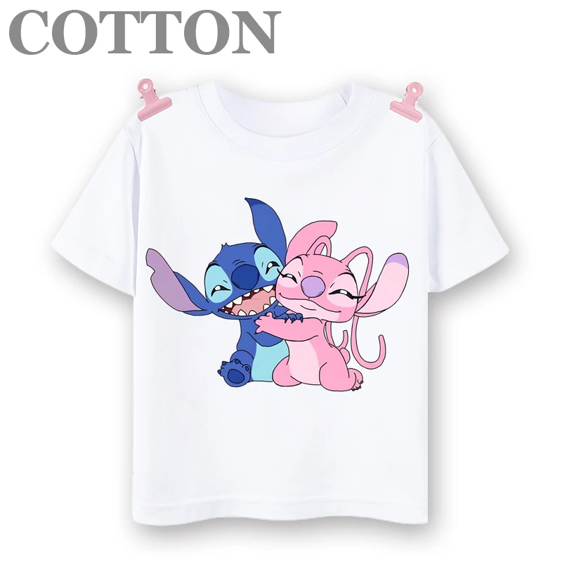 thumbnail image 1 of Camiseta de algodón con cuello redondo y manga corta para niños y bebés, diseño de dibujos animados de Disney Stitch, anime, moda de verano, 1 of 5