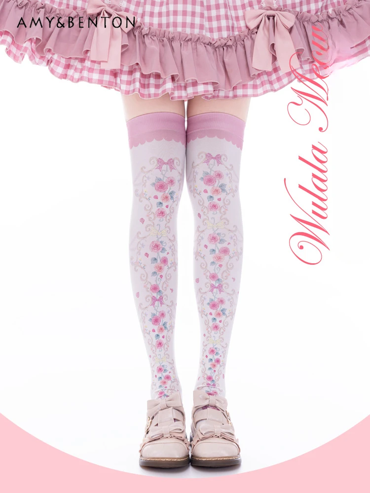 

Goth Lolita Thigh High Stockings Sweet Kawaii Rose Flower Printed Stockings Sexy Preppy Style Cute Girl Knee High Socks Students
