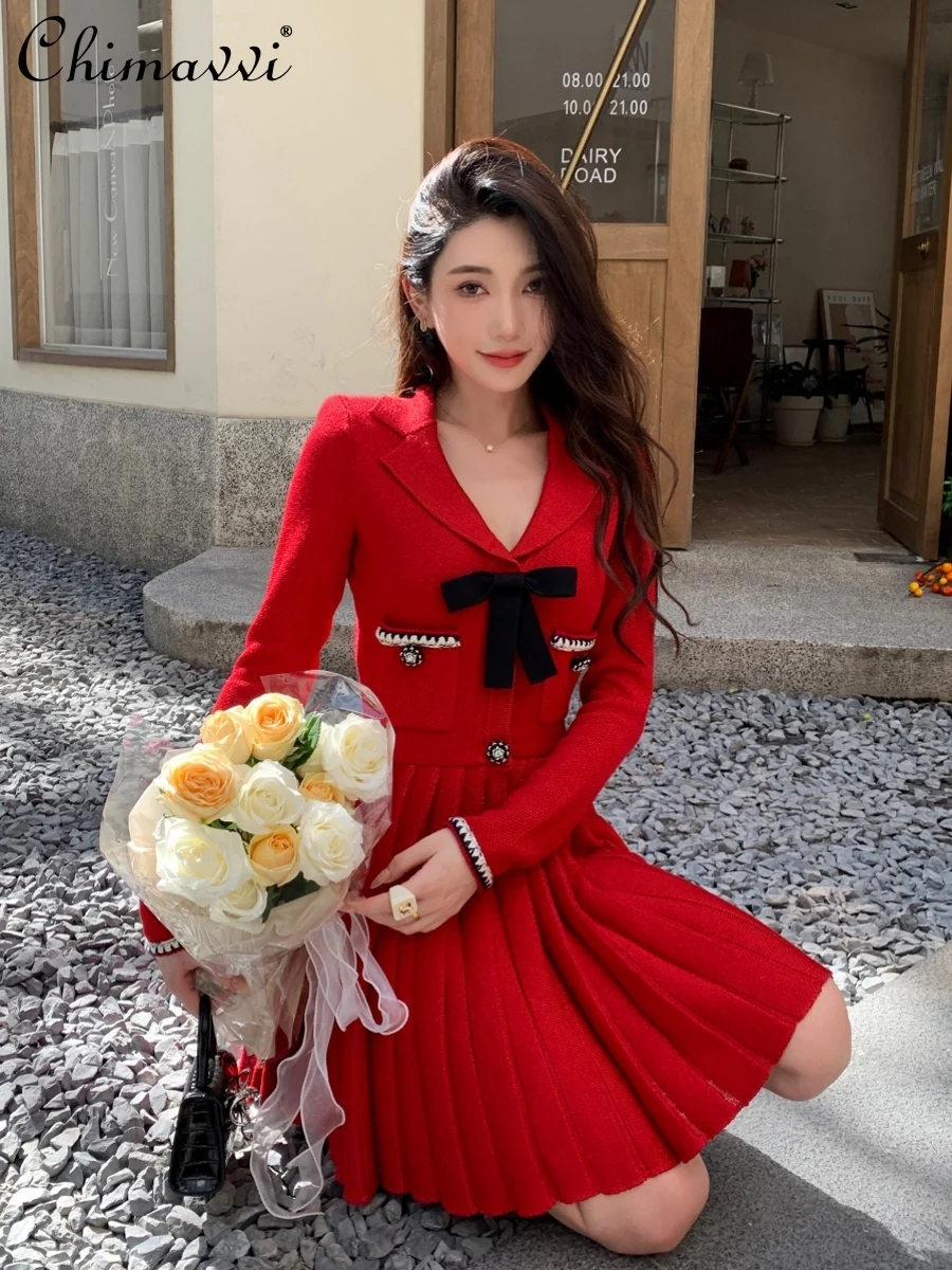 

French Red Heavy Slim Draping Effect Long-Sleeved Knitted Dress Autumn Winter Fashion High Waist Elegant Pleated Woolen Dress