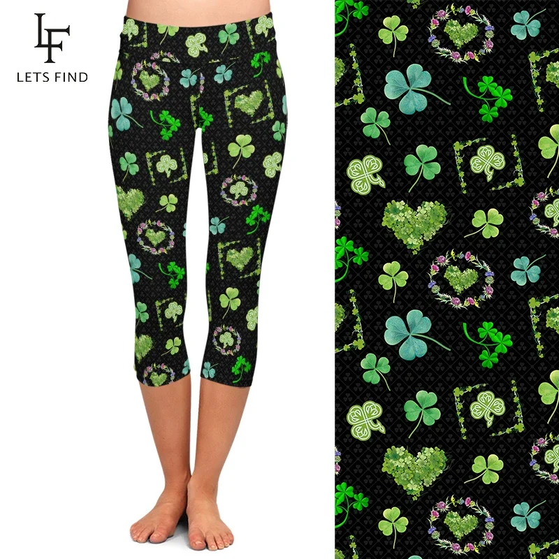 LETSFIND Beautiful Clover Design High Waist Capri Leggings Fashion Women Fitness Slim Mid-Calf Pants