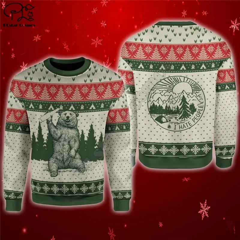Bear I Hate People Ugly Christmas Sweatshirt Camping Knitting Print Hoodies Sweatshirts Zip Hooded Men/Women Casual Streetwear