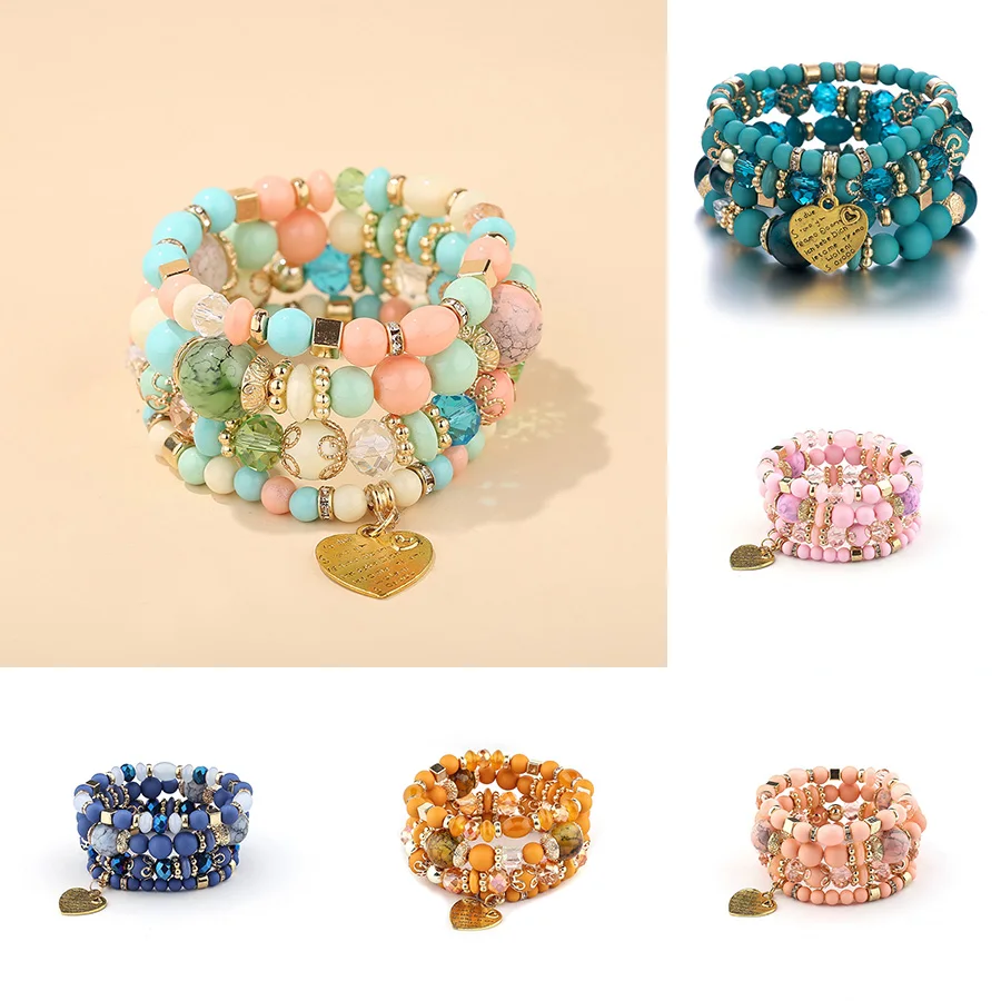 

4Pcs/set Boho Ethnic Heart Beaded Bracelet Set For Women Handmade Crystal Beads Chain Bangle Female Bohemia Jewelry Gift