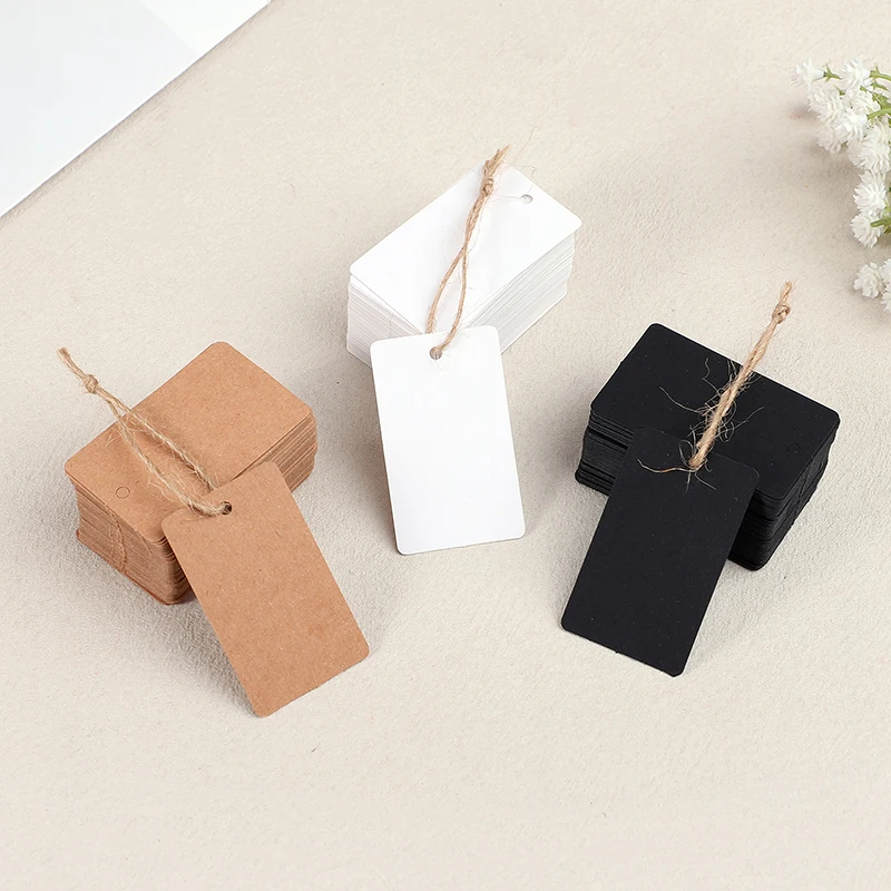 100 Stück 5 x 3 cm Kraftpapier-Etiketten mit Schnüren, Hochzeit, Geburtstag, Party, DIY, Geschenk, Hängeetiketten, Weihnachten, Geschenkbox, Tasche, Flaschendekoration – Detail 4