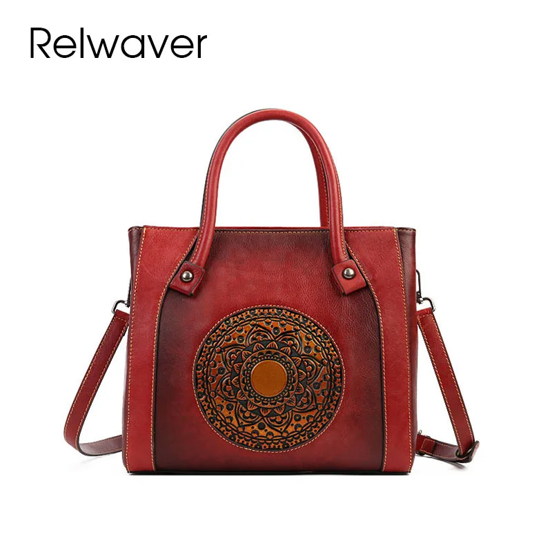 

Relwaver tree cream cowhide tote bag genuine leather handbags for women 2023 winter Chinese style embossing shoulder crossbody