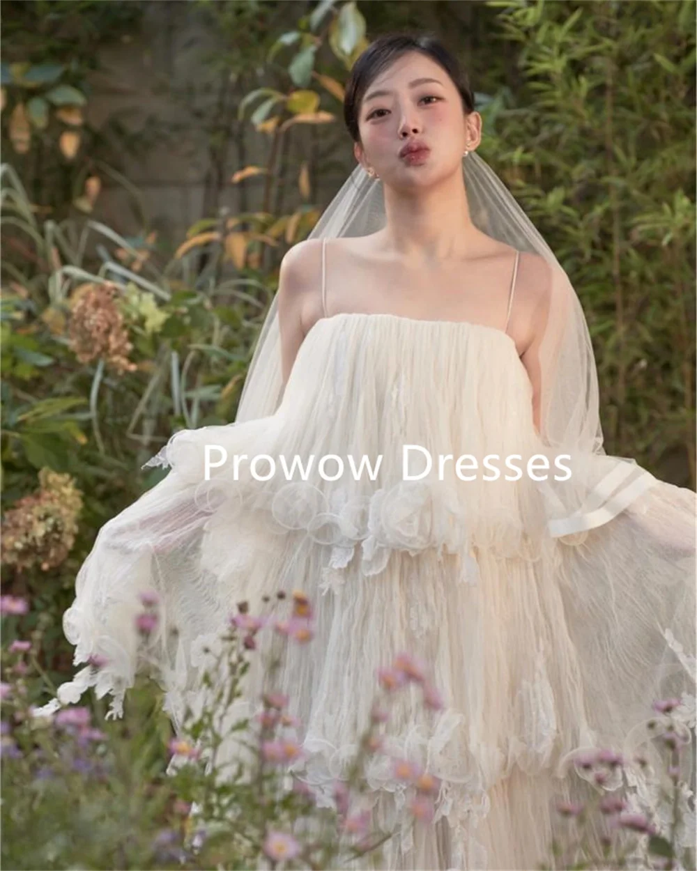 Prowow A Line Wedding Dress Korea Photoshoot Sleeveless Bridal Gown Floor Length Layered Soft Tulle Customized