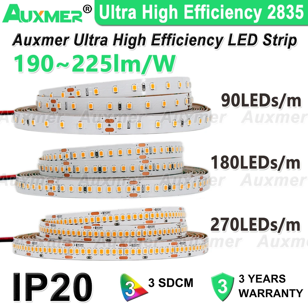 Striscia LED ad altissima efficacia 190 ~ 225lm/W,2835 270,180,90Led/m nastro Led DC24V, luci LED Super a risparmio energetico, IP20