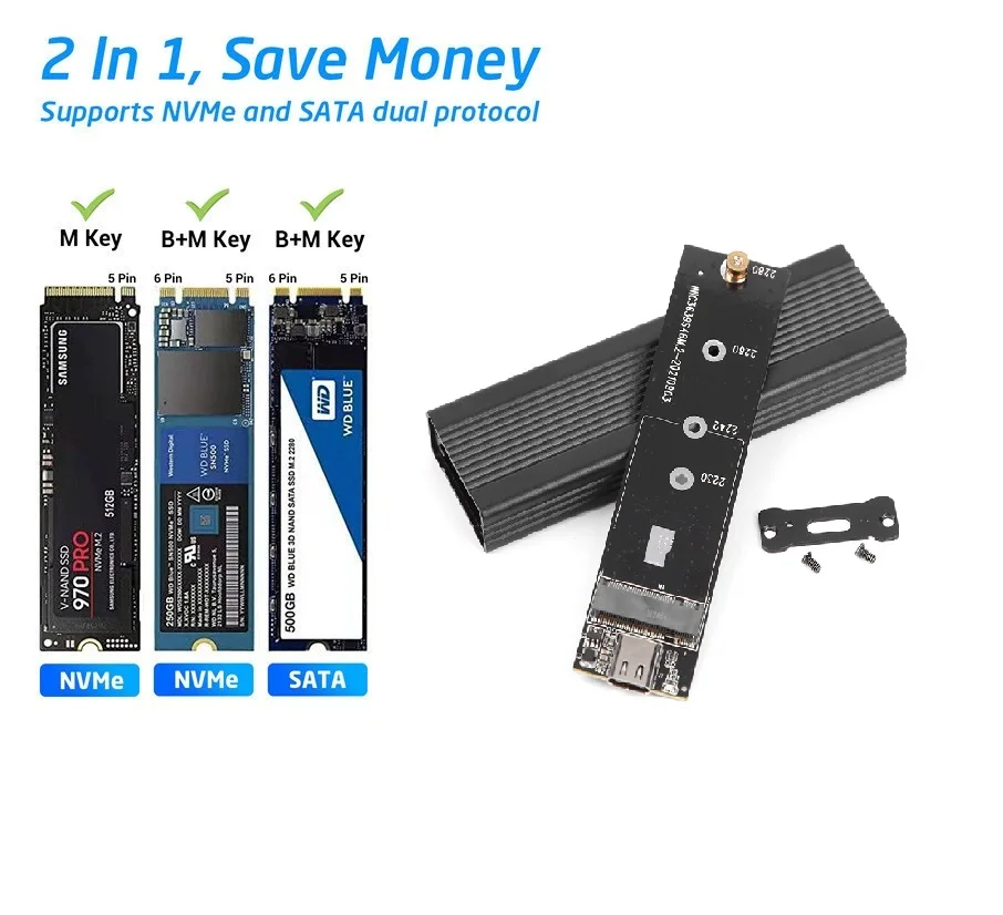 알루미늄 합금 M.2 HDD 인클로저 케이스 하드 드라이브 박스 B-KEY 외장 하드 드라이브 박스 USB C 인터페이스 SATA 및 NVME 프로토콜 지원