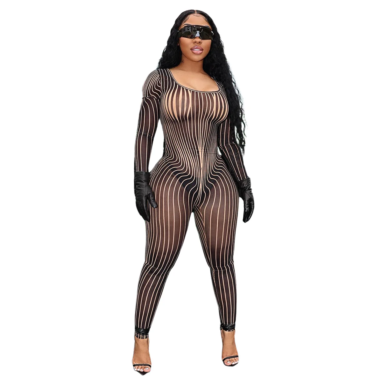 

LEOSD One Piece Jumpsuit New Square Collar Positioning Printing Nightclub Perspective Mesh Sexy Pants Bodycon Jumpsuit Women