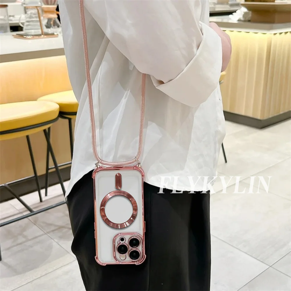 Magnetic Coil Transparent Phone Case with Long Back Rope Attachment