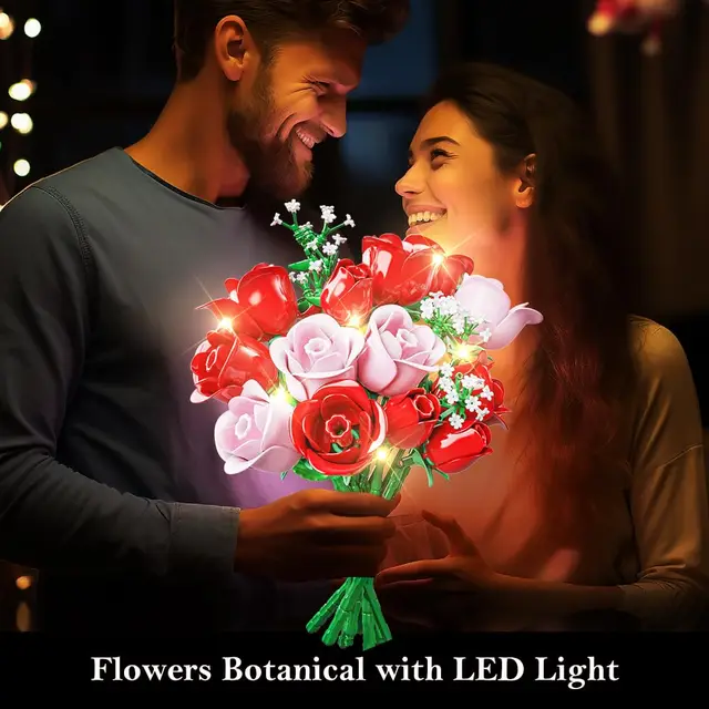 Flowers Bouquet Building Sets with Led-16 Rose Bouquet Botanical Toy Roses Flowers Home Decor Valentine Gifts for Adults Girls 3