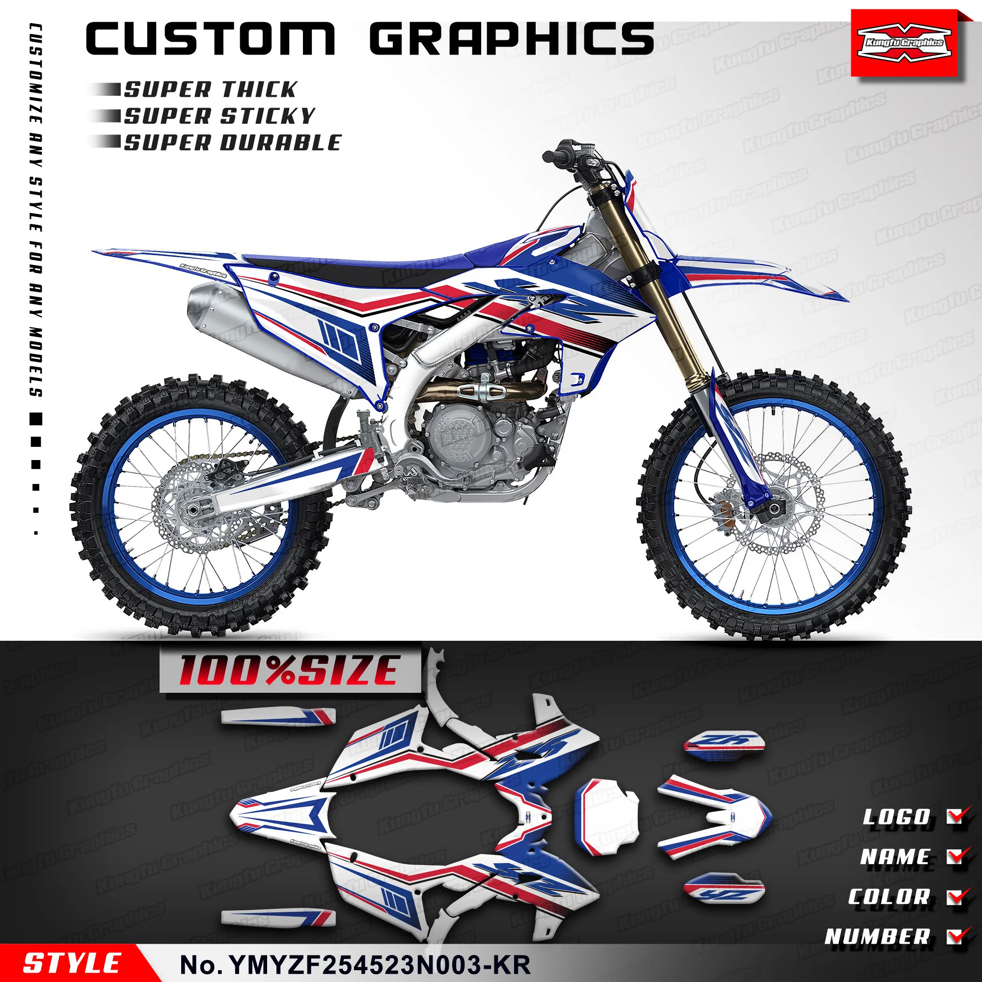 KUNGFU GRAPHICS Personalised Stickers MX Decals Vinyl Wrap Kit for Yamaha YZ450F YZF450 2023 2023 YZ250F