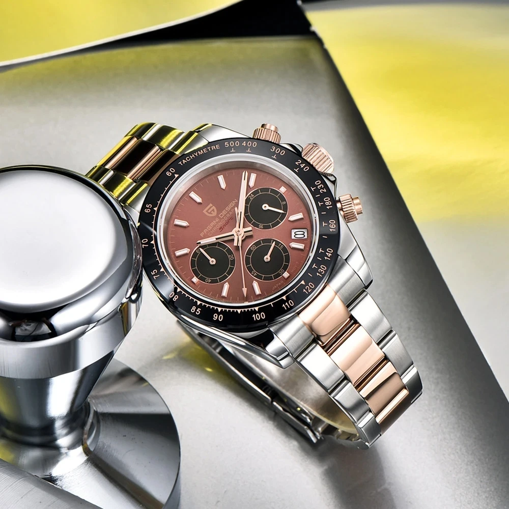 PAGANI DESIGN 2023 New 1644 Rose Gold Luxury Quartz Watch For Men Automatic Date Wristwatch Sport Chronograph VK63 Dive Luminous