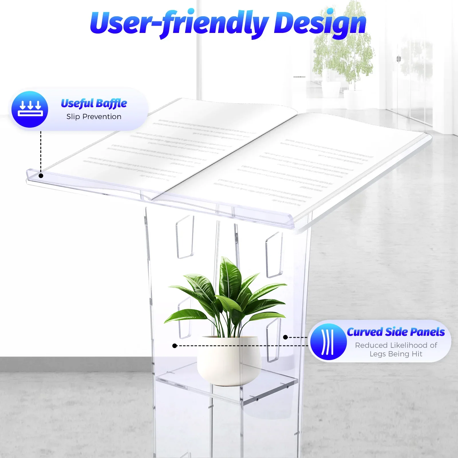 Transparent Acrylic Podium, Durable, Anti-Shatter, Rounded Corners, Sloped Top, Storage Board, Easy Assembly, Eco-Friendly 5