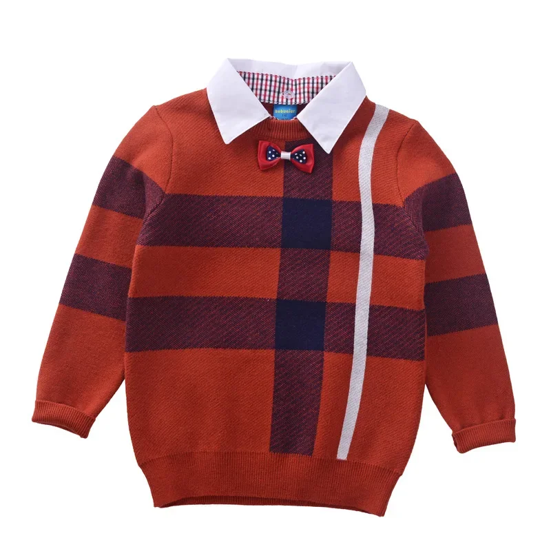 2025 Shirt collar Boys Sweaters Baby stripe Plaid Pullover Knit
