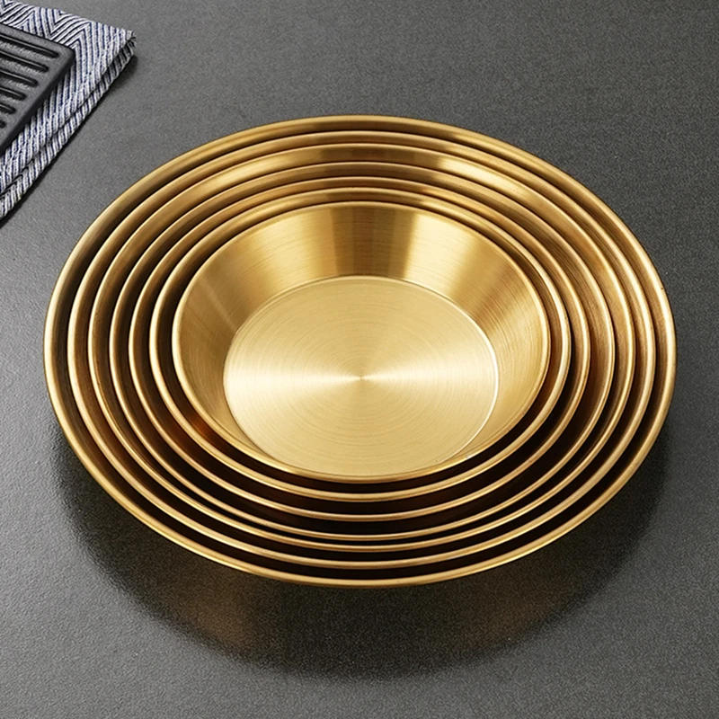Korean Luxury Stainless Steel Round Plate Golden Flat-bottomed Storage Tray Thickened Fruit Cake Steak Snack Dishes 2