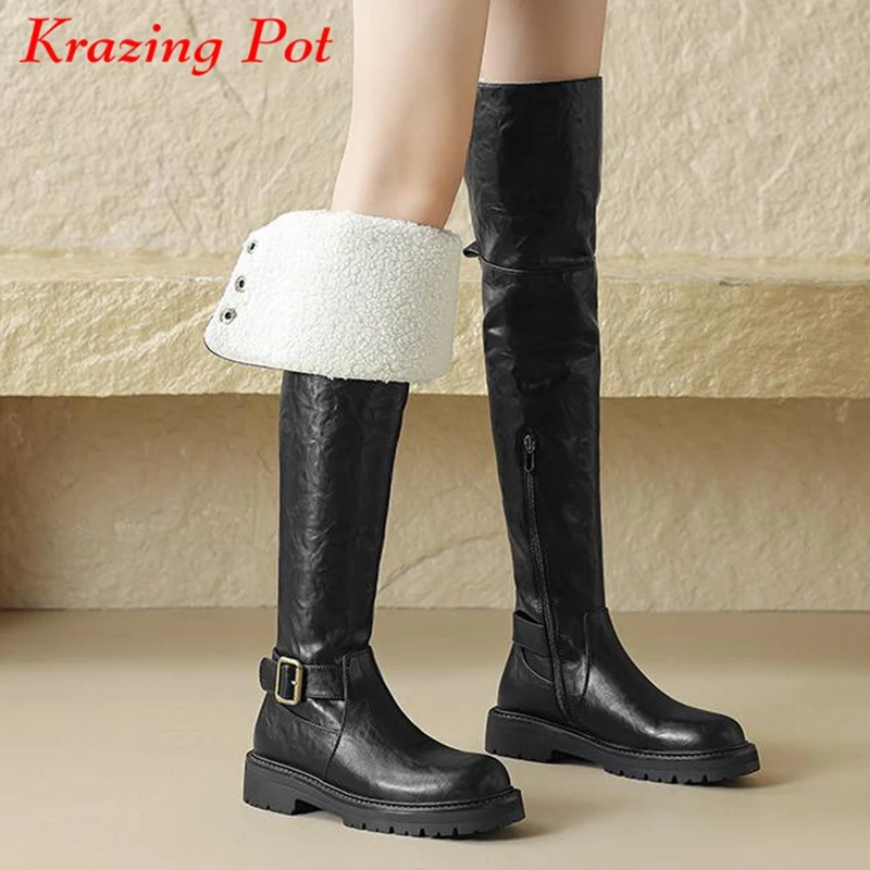 

Krazing Pot Cow Leather Fur Decoration Round Toe Winter Warm Riding Boots Med Heels Zip Gladiator Metal Buckle Thigh High Boots