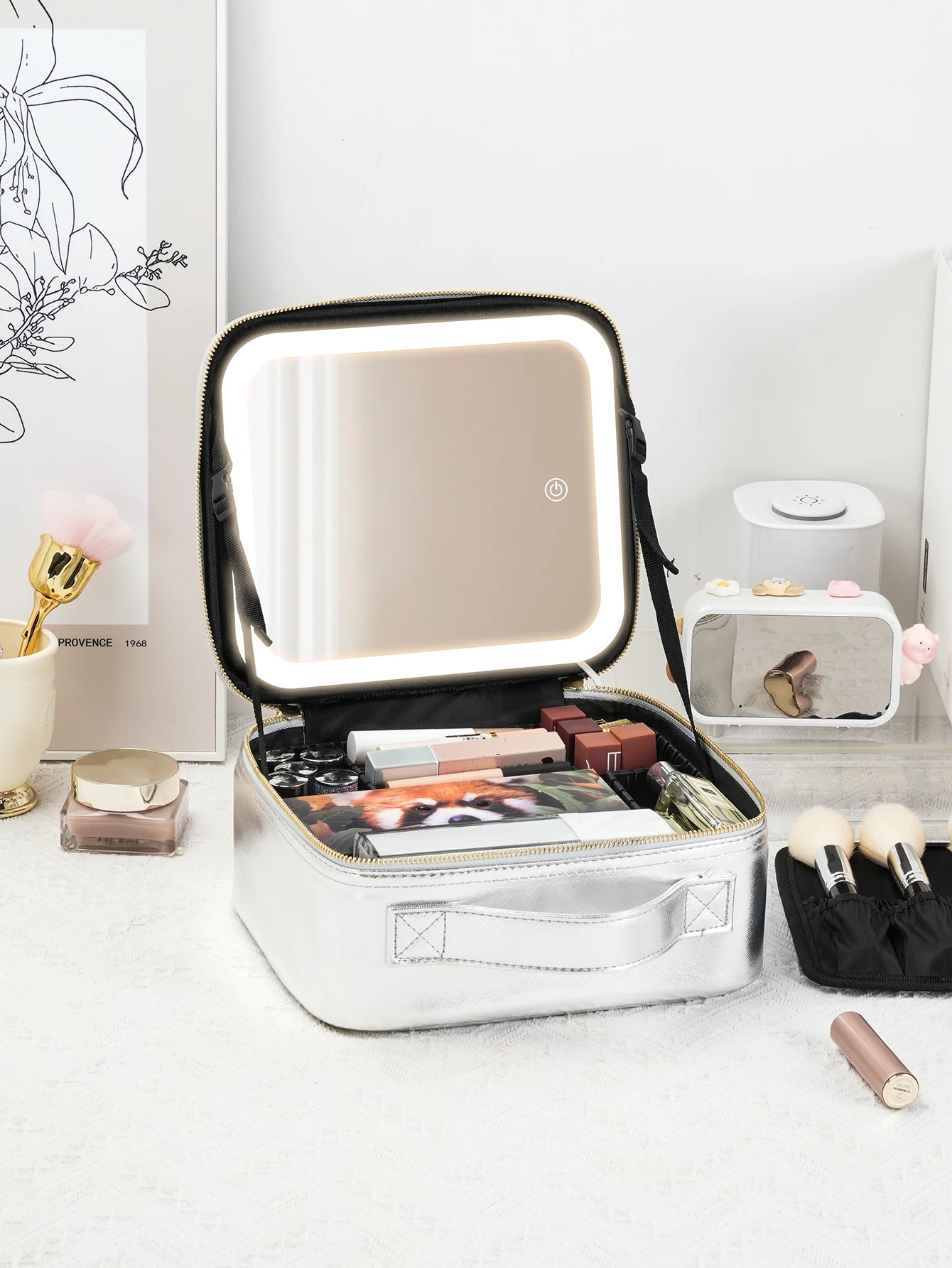 Travel Makeup Bag with LED Lighted Mirror 3 Color Scenarios Adjustable Brightness, with DIY Dividers, Toiletry Makeup Case Gift 6