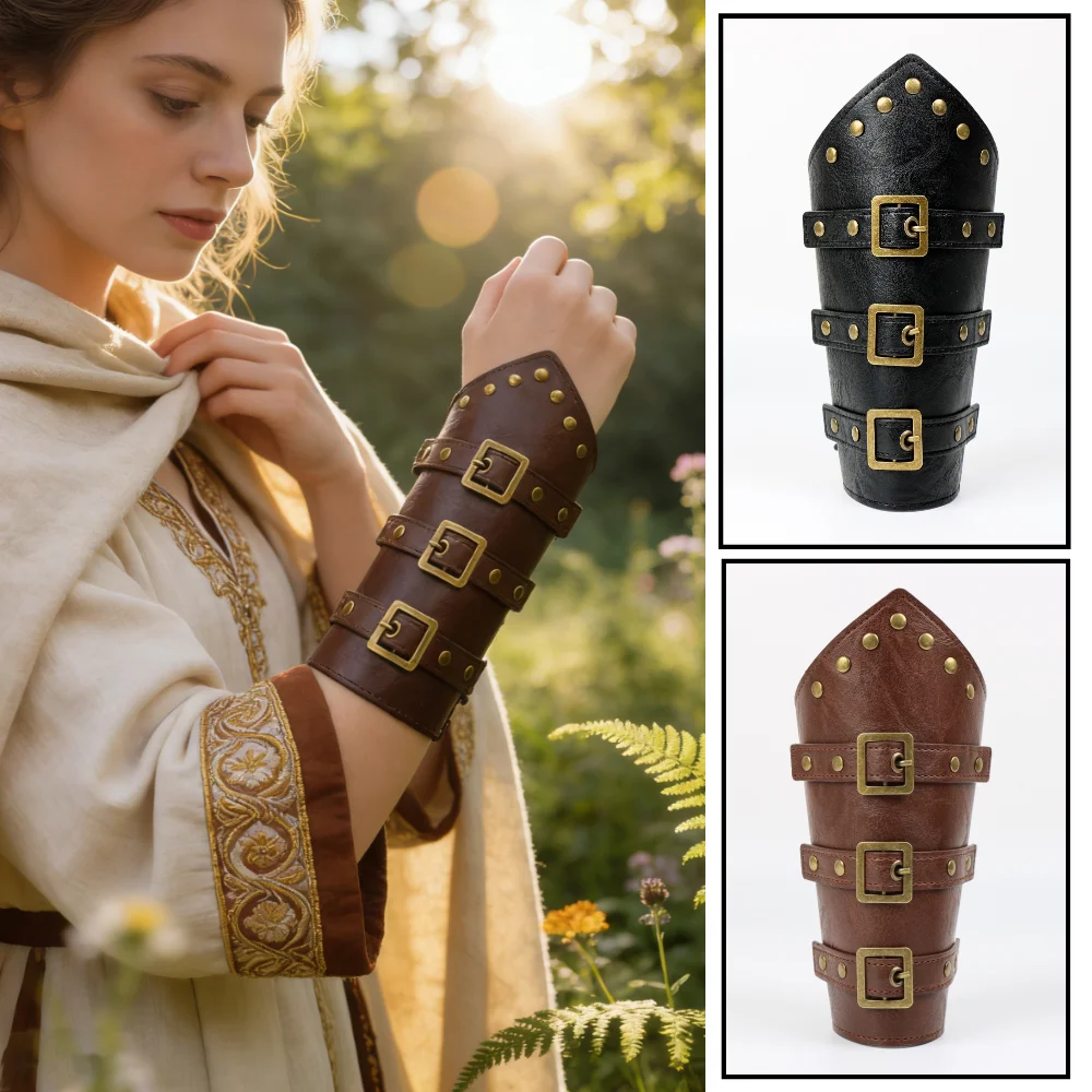 Viking Leather Gauntlet Arm Guard Bracer - Medieval Cosplay Wristband Armor