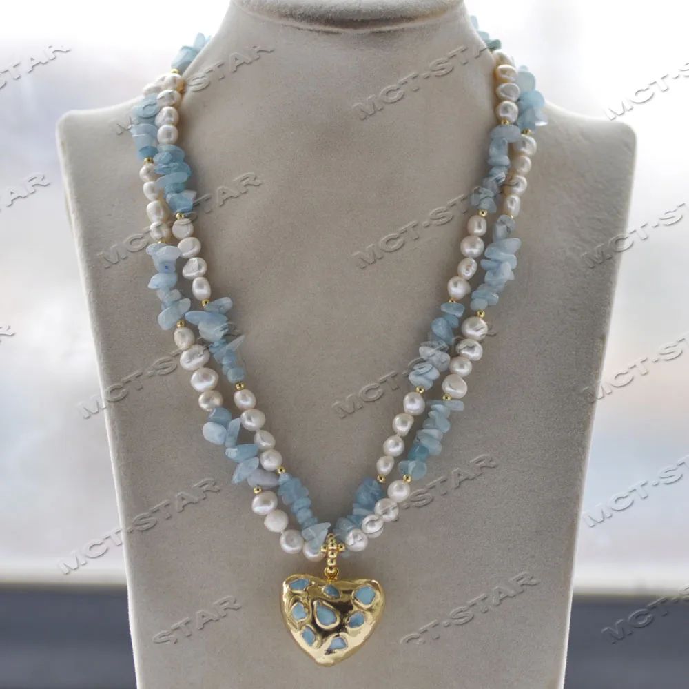 

MCT·STAR Z12444 2Row 18" 30mm White Baroque Pearl Aquamarine Detritus Necklace Heart Pendant