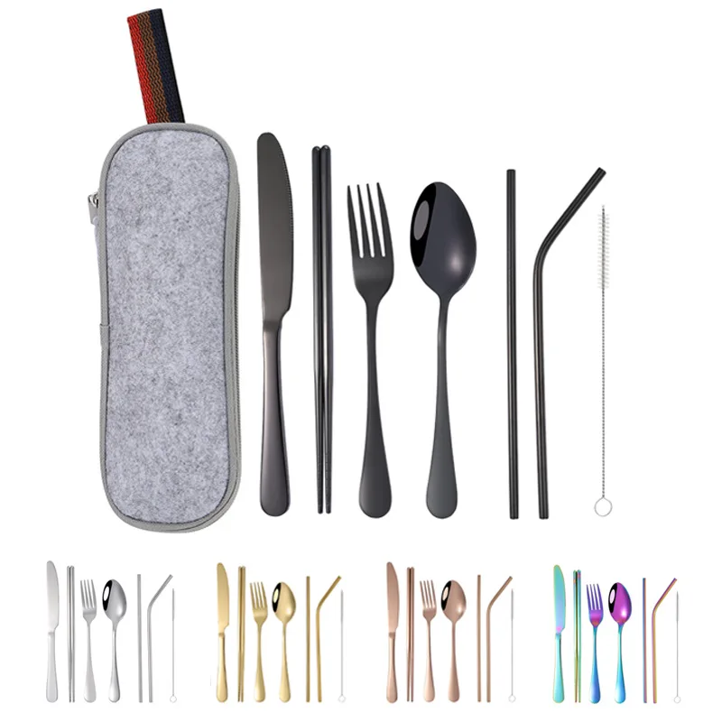 

8Pcs/set Travel Cutlery Set Tableware Reusable Camp Utensils Set with stainless steel Spoon Fork Chopsticks Straw Portable case