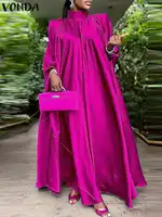 Plus Size 5XL VONDA Women Stand Collar Elegant Party Satin Dress Long Bat Sleeve Evening Pleated Maxi Sundress Casual Solid Robe - Image 4