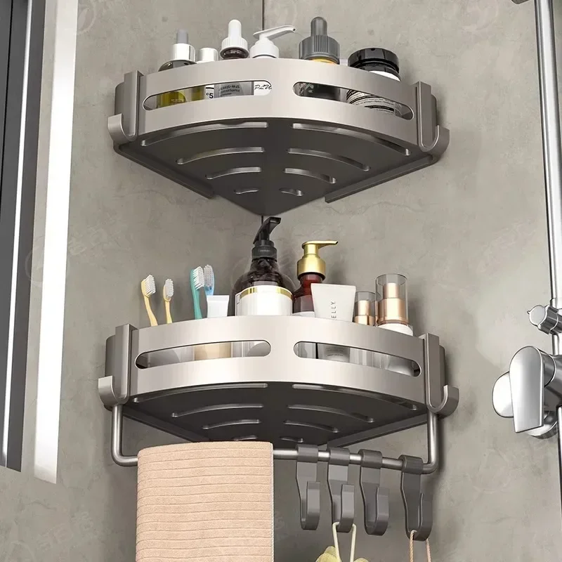 Bathroom Space Aluminum Storage Rack Non Perforated Bathroom Wall Hanging Corner Storage Rack, Gun Gray Triangular Basket 3
