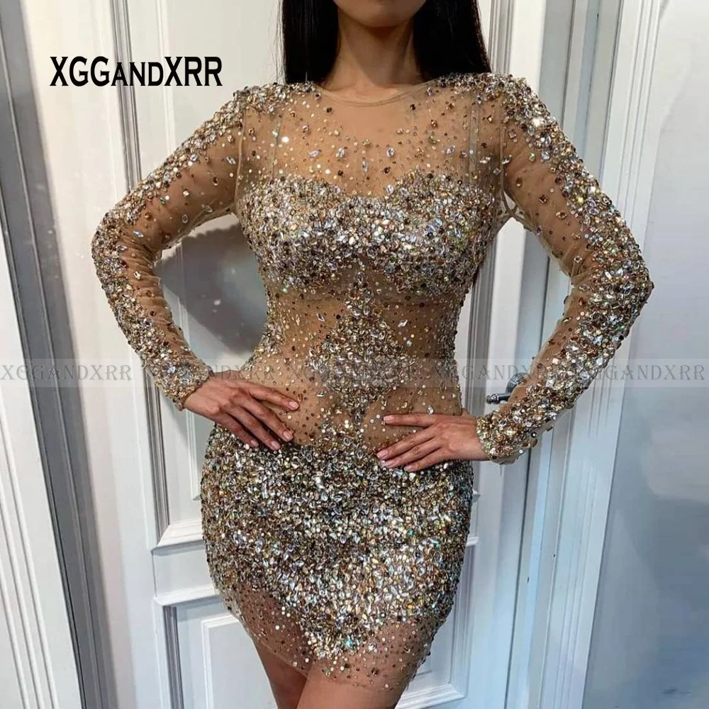 

Luxury Long Sleeves Short Prom Dress 2024 O Neck Heavy Beading Stone Illusion Sweet 15 16 Birthday Party Graduation Holiday Wear