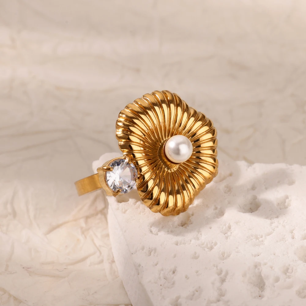 Stainless Steel White Zircon Imitation Pearl Open Rings For Women