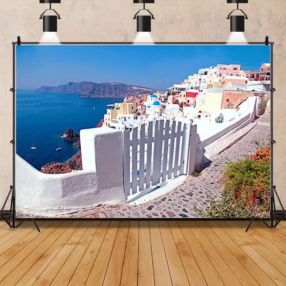 

White Buildings In The Old City Of Santorini Island And Beautiful Scenery Of The Aegean Sea Photographic Background Prop LHJ-02