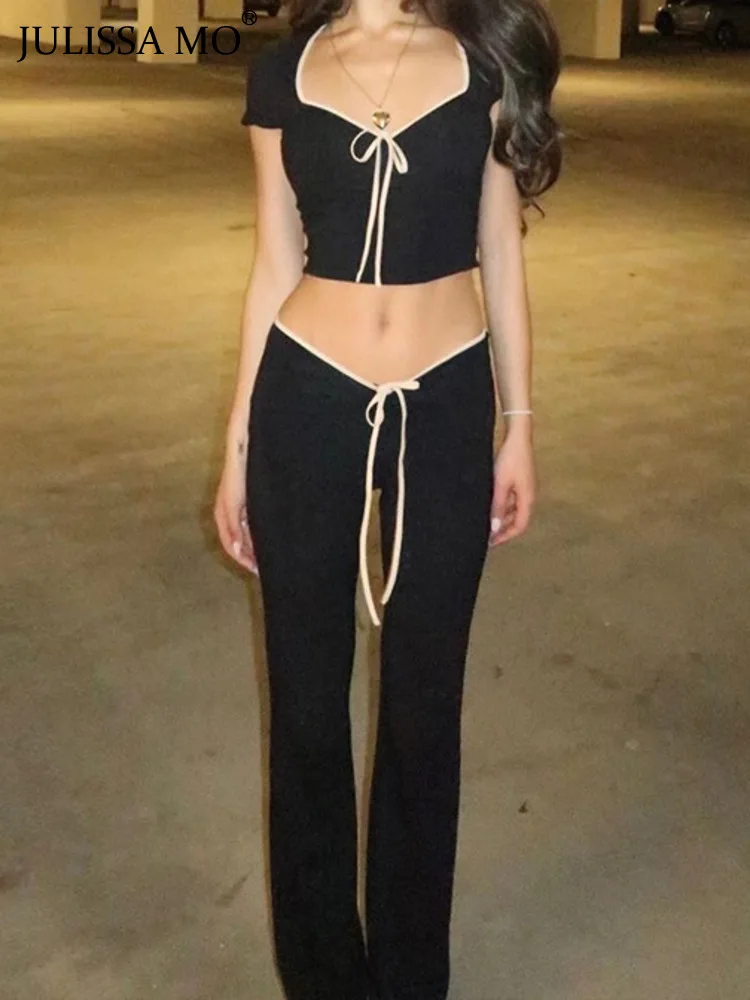 JULISSA MO Female Summer Square Neck Bandage Crop Top And Flare Pants Skinny Set Women High Waist Pants Outfits Two Piece Sets