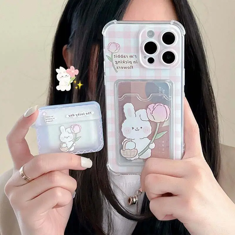 Cartoon Cute Rabbit Bear Card Holder Slot Bag Clear Phone Case For IPhone 17 Air 16 15 14 12 11 Pro Max 13 Mini Plus Soft Cover 4