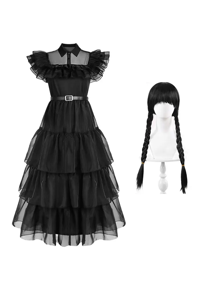 Costume De Mercredi Familial Pour Femmes Et Filles – Robe Noire Vintage Gothique – Jupe En Tulle Et Dentelle Pour Costumade – Tenue De Fête D' Halloween (robe Moyenne