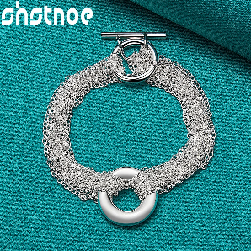 

SHSTONE 925 Sterling Silver Round O Layered Chain Charm Bracelet For Women Party Wedding Birthday Gift Lady Fashion Jewelry