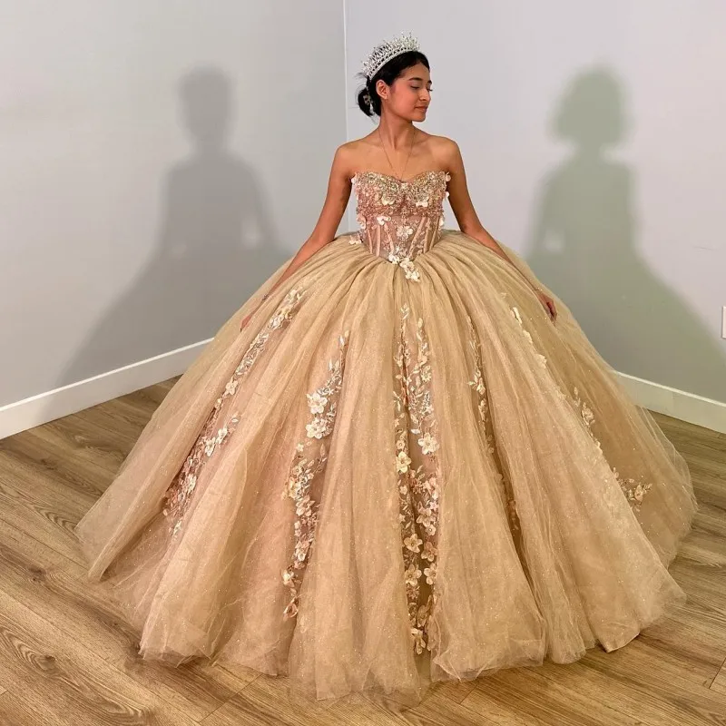 

Doymeny Off Shoulder Quinceanera Dresses Ball Gown Sweep Train 3D Flower Appliques Beads Sweet 16 Dress Party Dresses