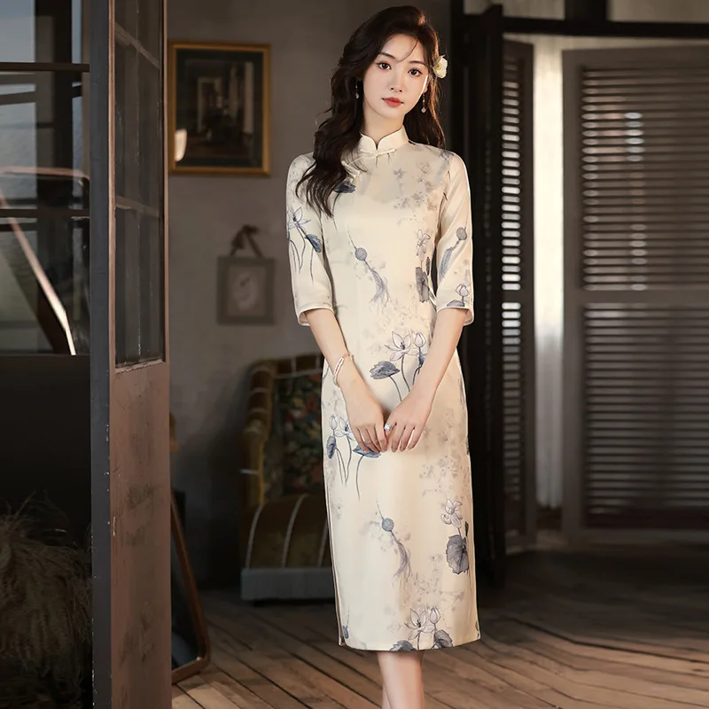 

Summer Half Sleeve Floral Printed Satin Chinese Women Knee-Length Cheongsam Elegant Mandarin Collar Qipao Dresses