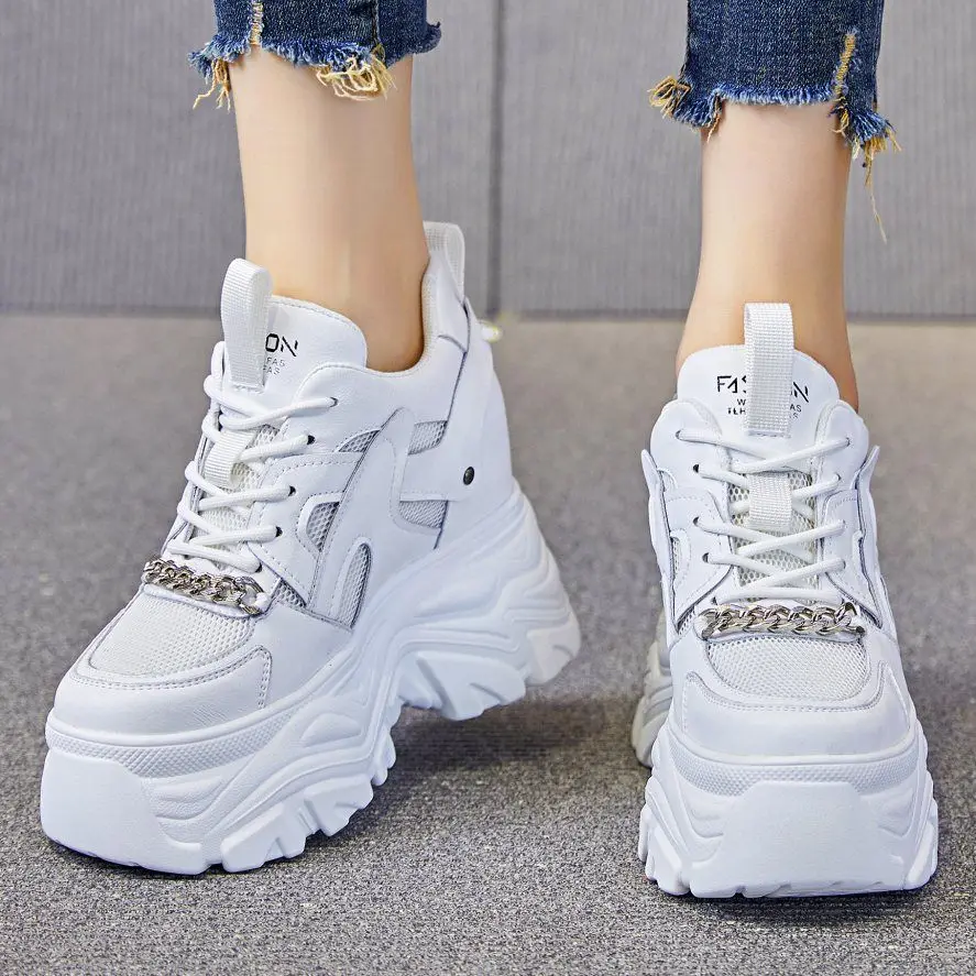 

Punk Goth Summer Fashion Sneaker Women's Breathable Leather Platform Wedge Ankle Boots Chain Chunky High Heels Creeper Shoe 34